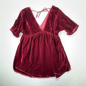 Free People Velvet Babydoll Mini Dress Burgundy Wine Deep V Womens S
